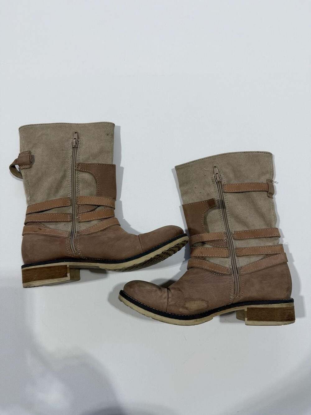Sundance Legend Canvas Leather Mid Calf Boots Size 37 Brown Taupe Buckles